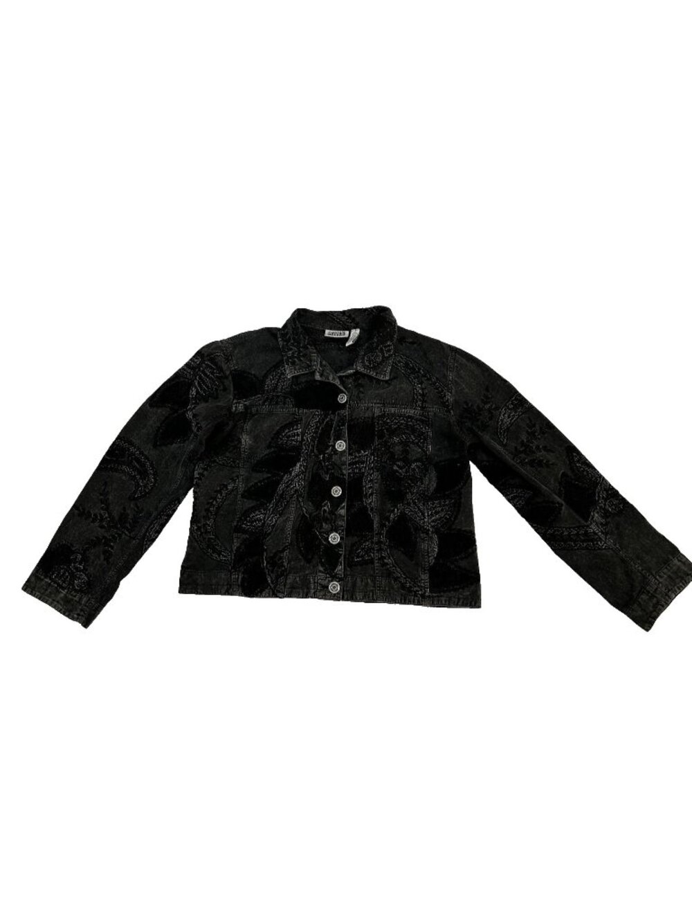 Chicos Black Embroidered Denim Patchwork Trucker Jacket Size 2 Large Boho Art